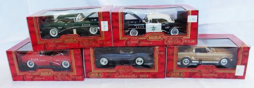 A 1/18 scale diecast model Mira, 1954 Corvette, 1965 Ford Mustang, 1955 Buick and another 1955