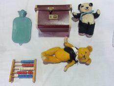 20th century gold straw filled teddy bear, black and white panda, small abacus, Bo-Peep hot water