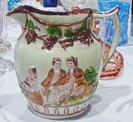 Georgian lustre pottery hunting jug, with pair sportsmen and gundogs, relief decoration, 17cm high