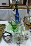 Mdina glass posy vase, a Mdina style glass basket, studio glass style basket, a green glass