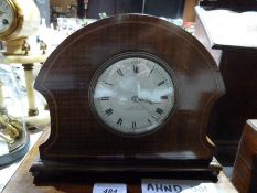 20th century mahogany mantel clock in case with inlaid cross banding, enamel dial inscribed "