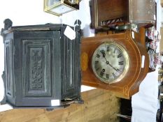 Edwardian inlaid mahogany mantel clock, with arched top, chequered and shell inlaid with striking