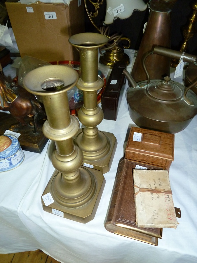 Pair brass candlesticks, 1914/15 medal and another, wooden box, etc