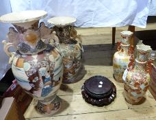 Pair large Japanese pottery vases, decorated with warriors in landscape, beige ground with scroll