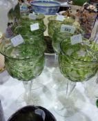 Six cut glass green flash glass hock glasses, decorated with vines (6)