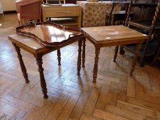 A pair of walnut rectangular top side tables, with turned foliate carved legs, length 54cms
