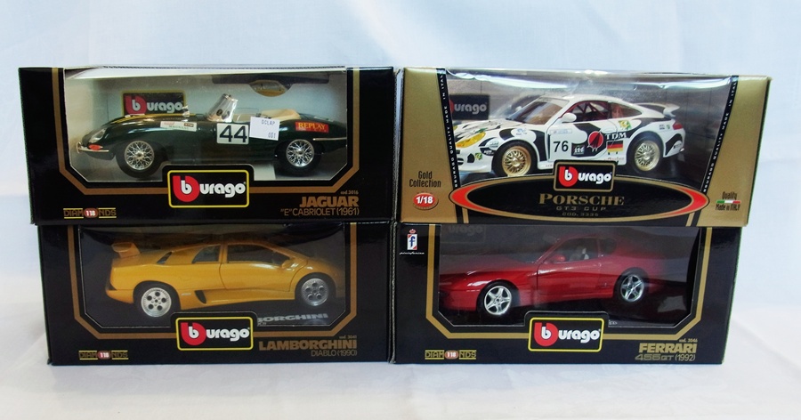 A 1/18 scale Burago diecast models of a Lamborghini Diablo 1990, a Jaguar E-Type Cabriolet 1961, a