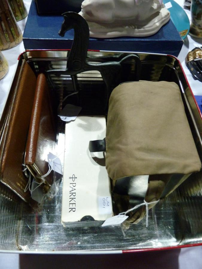 A boxed Brownie camera, leather travel  mirror, leather suitcase, 1970's Parker pen, boxed, and