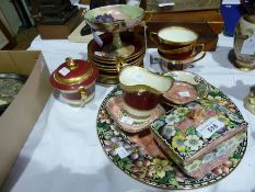 Maling pottery plate with matching trinket bowls and lidded dish in pink lustre ware, decorated with