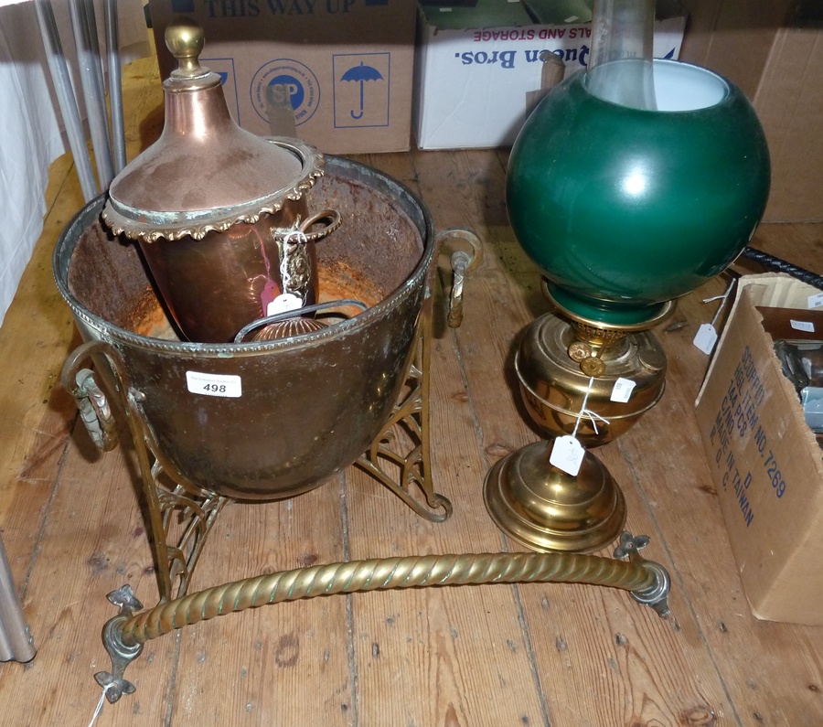 Coal bucket, covered copper urn, oil lamp and a brass rope pattern handle with fittings