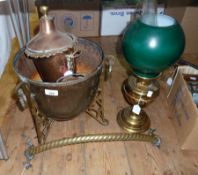 Coal bucket, covered copper urn, oil lamp and a brass rope pattern handle with fittings