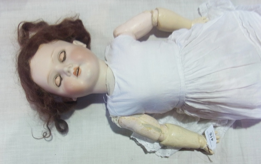 Bergmann Waltershausen, bisque headed doll, with sleeping brown eyes, open mouth, white cotton