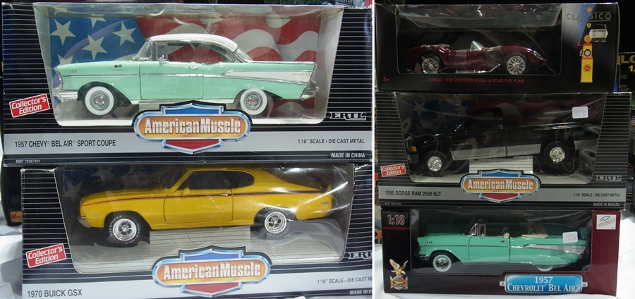 A 1/18 scale diecast metal model American Muscle 1970 Buick GSX, another 1957 Chevy Bel Air Sports