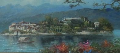 Oil on board 
Sergio Cozzuol
European Island scene, indistinctly signed, lower left, 10 x 23 cm