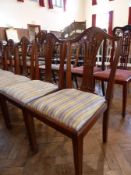 Set of six stained wood reproduction Hepplewhite style dining chairs, viz: two carver's open