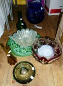 Flash glass moulded fruit bowl, a bubble glass ashtray, studio glass pieces, a blue glass