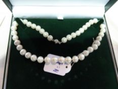 String of freshwater pearls, 12-13mm, with 18ct gold plated mount, boxed