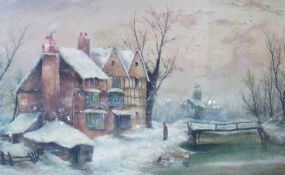 Oil on canvas 
Winter scene with cottage, elderly lady in foreground with a pond and ducks, church