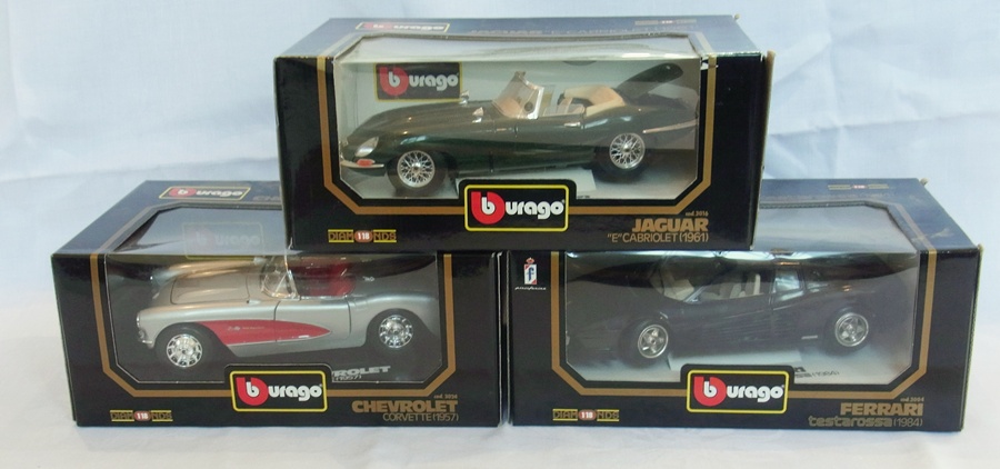 A 1/18 scale diecast model Burago Chevrolet Corvette, 1957, a Ferrari Testraossa 1984 and a Jaguar E