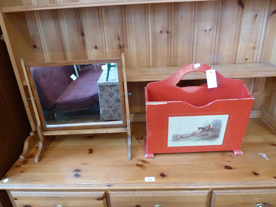 A rectangular swing frame dressing table mirror together with a red two division magazine rack (2)