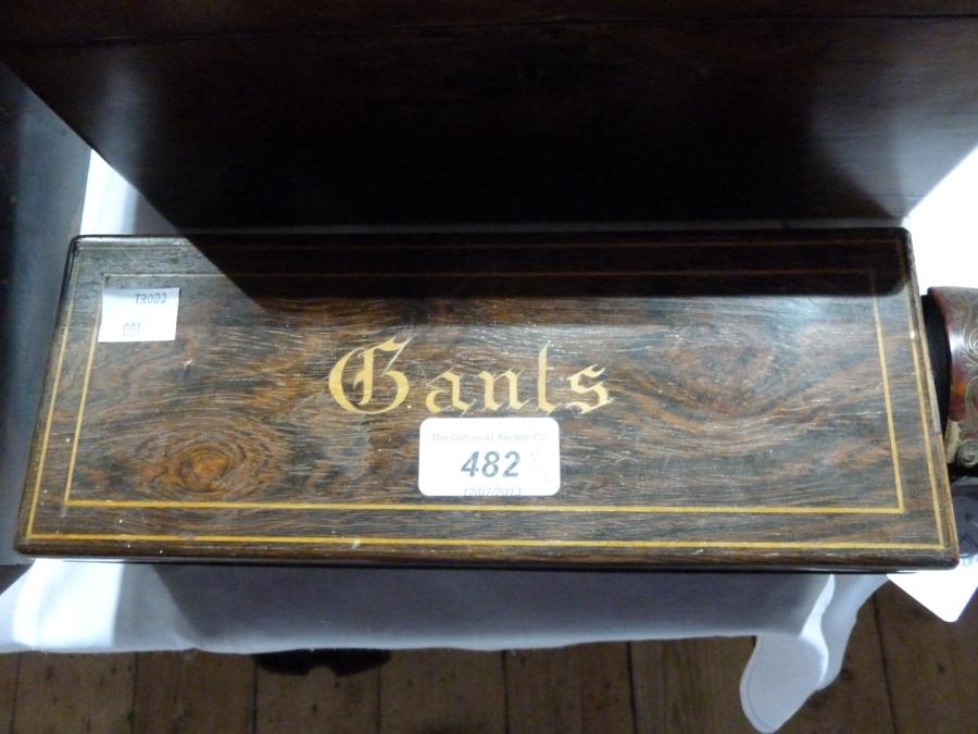 French inlaid rosewood glove box, inscribed "Gants" and Boulle brass and tortoiseshell box