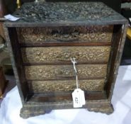 Japanese jewellery chest, doors missing, wooden body mounted with antimony, heavily decorated with