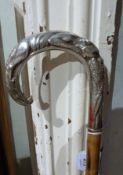 Silver mounted walking stick, with carved handle of fox carrying pheasant, Birmingham, makers