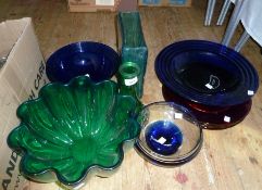 Mid-twentieth century white and blue bowl, and a quantity of coloured glassware