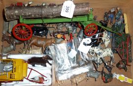 Die cast log carrier, quantity lead farm figures and animals, Debo yellow rag and bone cart, with