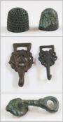 Two Medieval bronze beehive thimbles, Celtic period bronze clothes toggle, two Tudor period dress