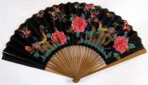 Mother-of-pearl and painted satin fan, with mother-of-pearl sticks, the satin fabric painted with