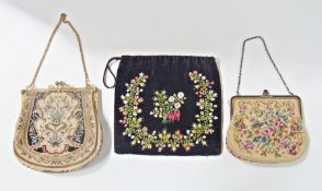 Two embroidered gilt clasp evening bags and a black velvet and embroidered bag (3)