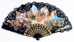 Faux tortoiseshell and gilt net fan, another similar, decorated with Spanish dancers, and a white