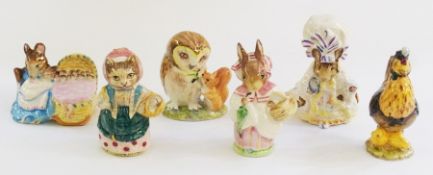 Six Beatrix Potter figures to include:- "Hunca Munca", "Sally Hennypenny", "Cousin Ribby", "Mrs