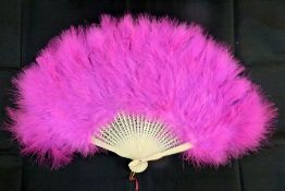 Pink feather and faux ivory fan, together with painted feather fixed fan, bird decorated, an