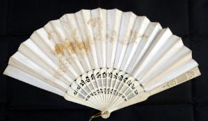 Pierced bone and embroidered fan, trellis and scroll decorated sticks with floral embroidered