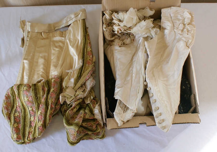 Six various Victorian bodices, one with chiffon sleeves embroidered with flowers, another with
