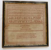 Alphabet sampler, signed Emma James, Aged 10 years, Bromyard 1832, framed and glazed, some wear to