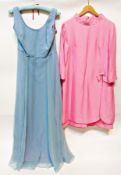 Various 1960's dresses, a turquoise shift dress with cowl neckline, trimmed with matching bows and
