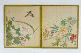 Glass table mats with oriental silk paintings, depicting birds and flora (13)