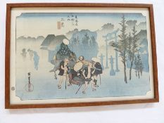 Set of three 19th century Japanese coloured woodblock prints, framed and glazed, 22 x 35cm