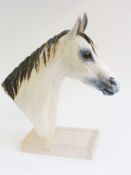 Contemporary ceramic sculpture of horse's head, by Irene Frenche on glass plinth, 40cm high