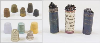 Sterling silver thimble and other thimbles and three berry pins with makers label