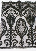 A large length of black lace, possibly for trimming, embroidered with ribbon detail and scalloped
