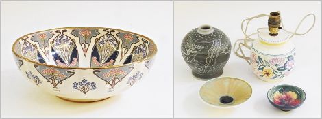 Masons Ironstone "Liberty" bowl, Poole pottery lamp base, Moorcroft sugar bowl, studio pottery