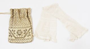 Beaded evening bag and pair long fingerless evening gloves (2)