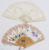 Gilt bone and fabric fan, lace decorated, and modern Spanish wood and fabric fan (2)