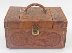 Early twentieth century Mexican leather vanity case, "Flores Bags", with hinged lid and fold-out