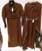 Two 1970s long brown wool dresses, one in Edwardian style, with frogging and leg o' mutton