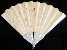 Mother-of-pearl and painted satin fan, with mother-of-pearl sticks, the satin fabric painted with